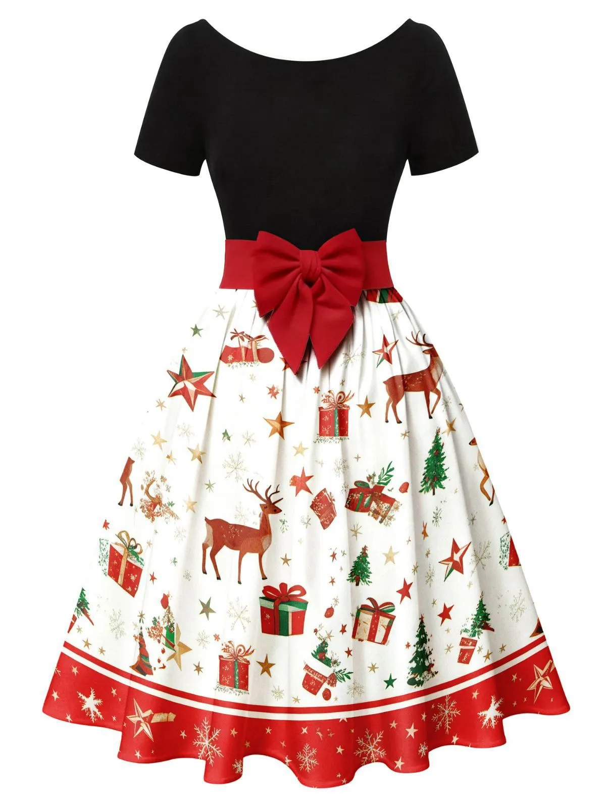 1950s Christmas Tree Patchwork Bow Belted Swing Dress sold by Retro Stage product image thumbnail 2