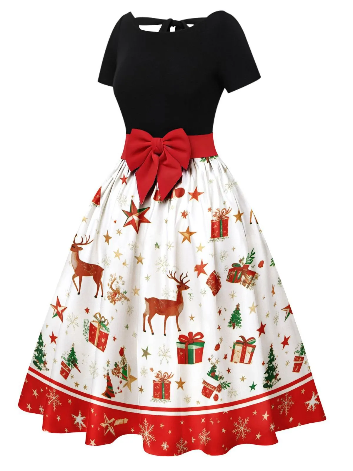 1950s Christmas Tree Patchwork Bow Belted Swing Dress sold by Retro Stage product image thumbnail 3