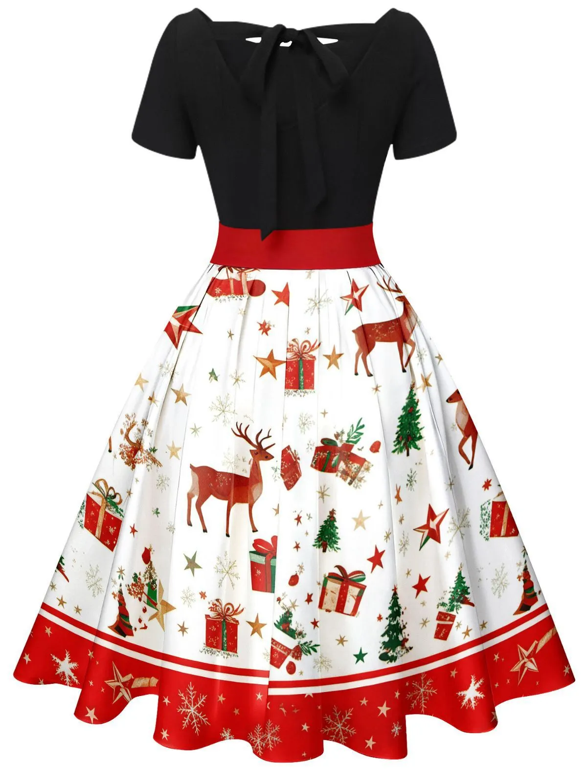 1950s Christmas Tree Patchwork Bow Belted Swing Dress sold by Retro Stage product image thumbnail 4