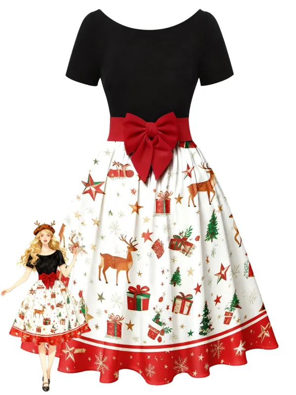 1950s Christmas Tree Patchwork Bow Belted Swing Dress sold by Retro Stage