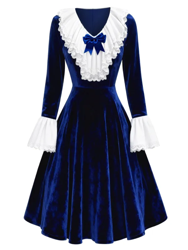 [Pre-Sale] Royal Blue 1940s Velvet V-Neck Lace Bow Dress sold by Retro Stage