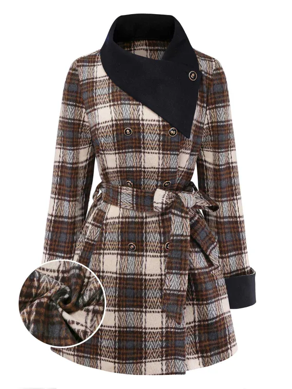 [Pre-Sale] Brown 1940s Cotton Plaid Asymmetrical Lapel Coat sold by Retro Stage