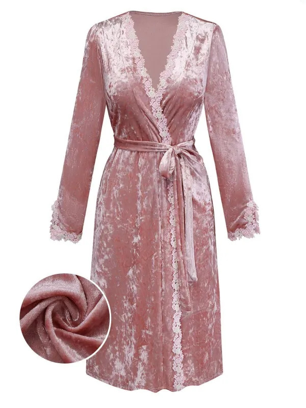 [Pre-Sale] Pink 1930s Velvet Lace Floral Embroidered Robe sold by Retro Stage
