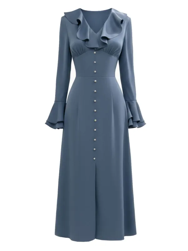 [Pre-Sale] Blue-Gray 1940s Button Satin Split Dress sold by Retro Stage