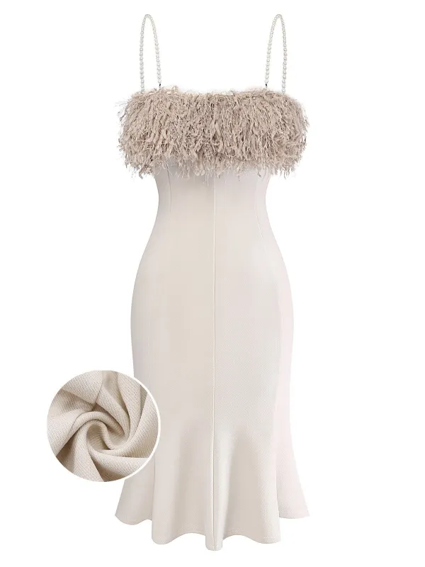 [Pre-Sale] Khaki 1930s Faux Ostrich Feather Knitted Fishtail Dress sold by Retro Stage