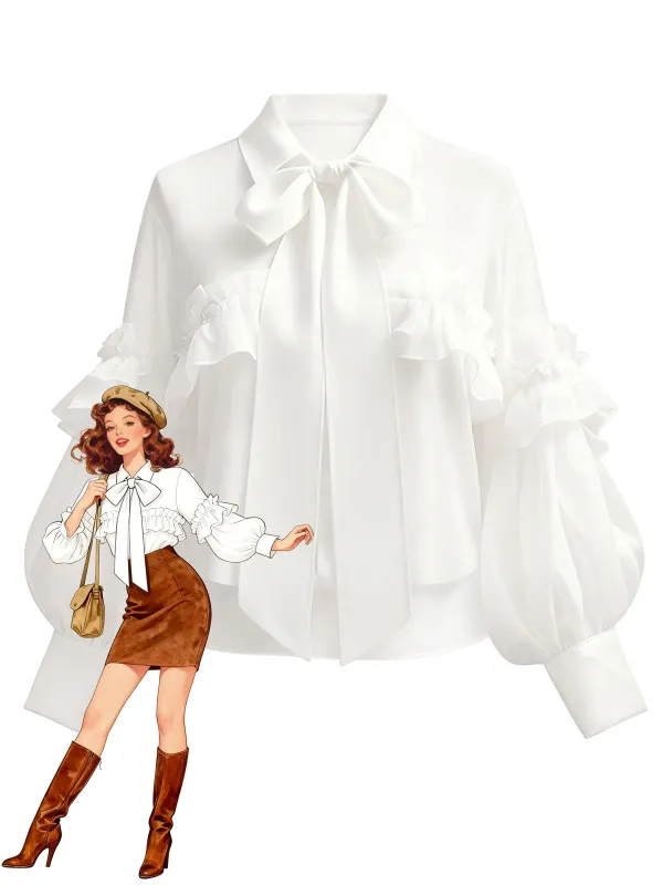 [Pre-Sale] White 1940s Ruffle Lantern Sleeve Tie-Front Blouse sold by Retro Stage