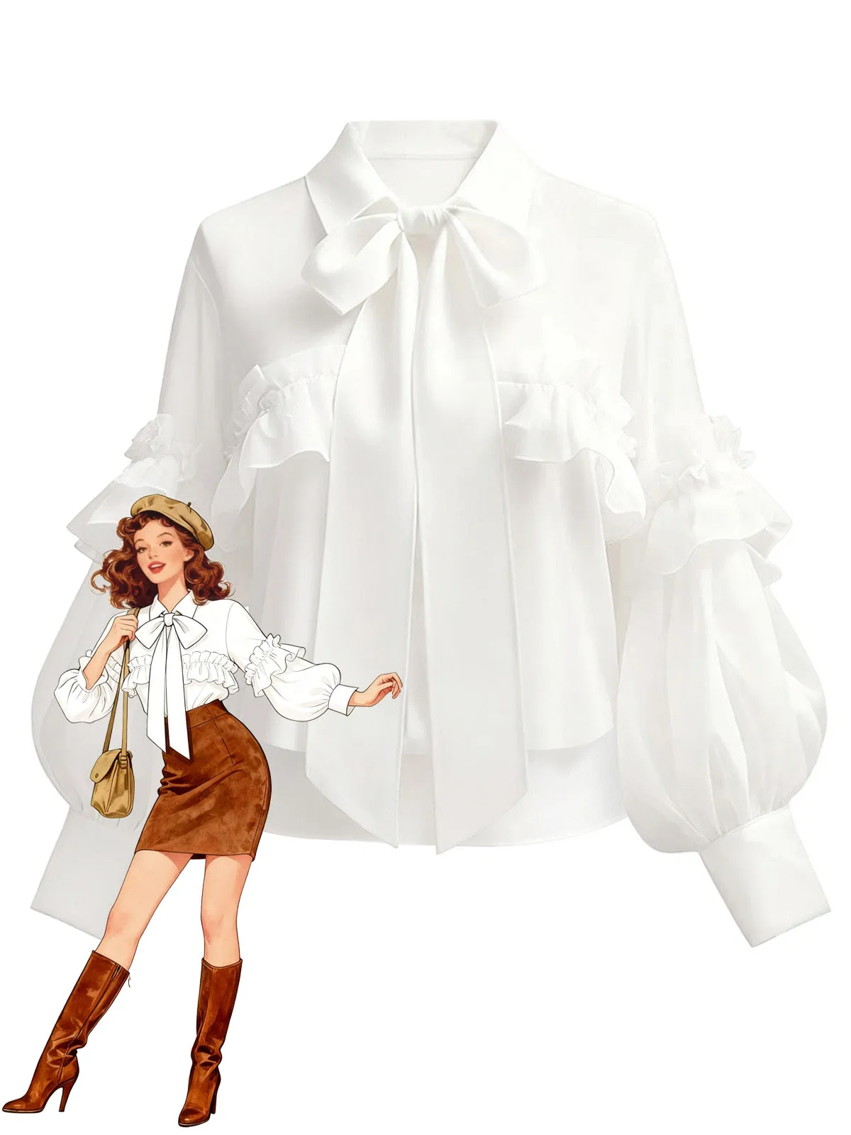 White 1940s Ruffle Lantern Sleeve Tie-Front Blouse sold by Retro Stage