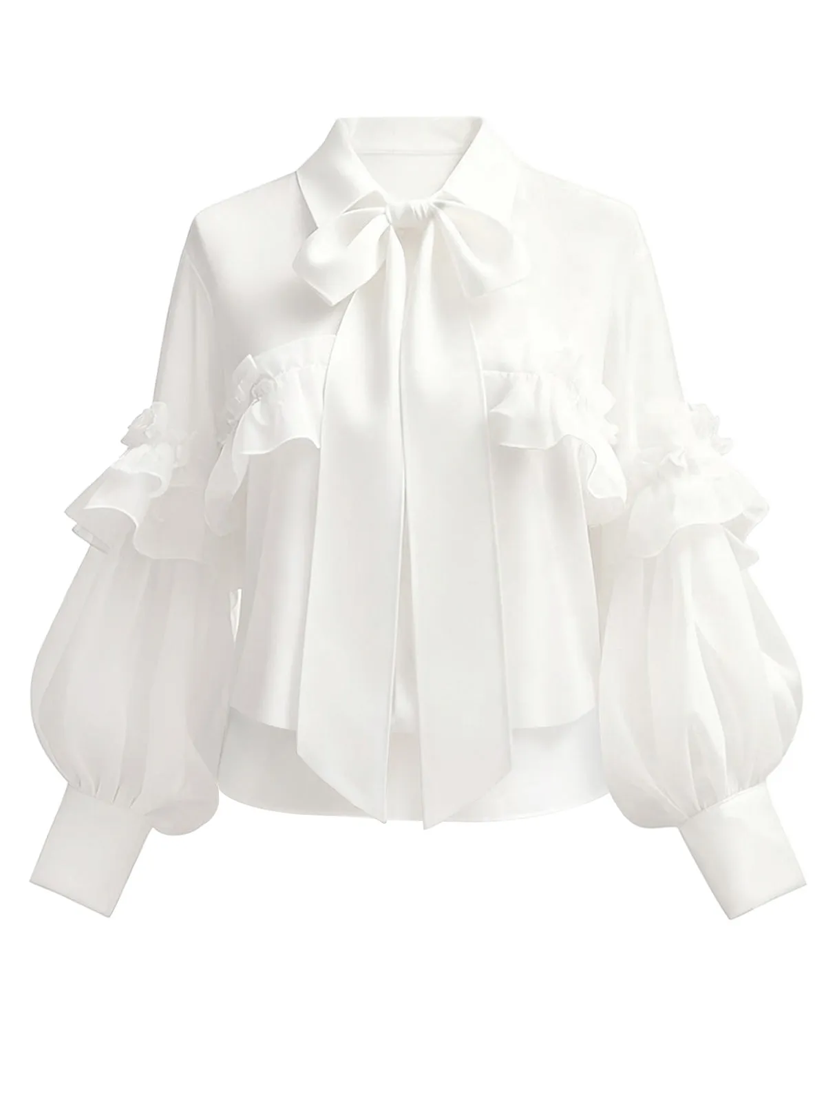 White 1940s Ruffle Lantern Sleeve Tie-Front Blouse sold by Retro Stage product image thumbnail 2