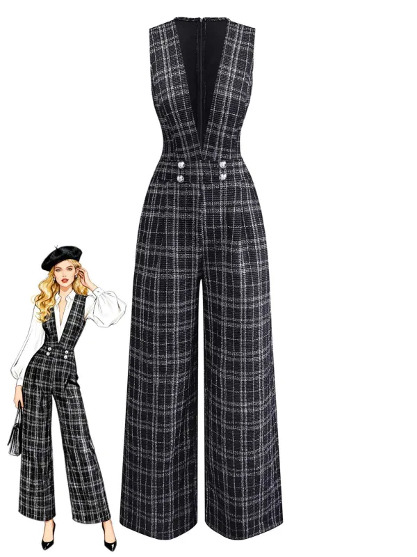 Black 1940s Cotton Plaid Deep V-Neck Overall Jumpsuit sold by Retro Stage