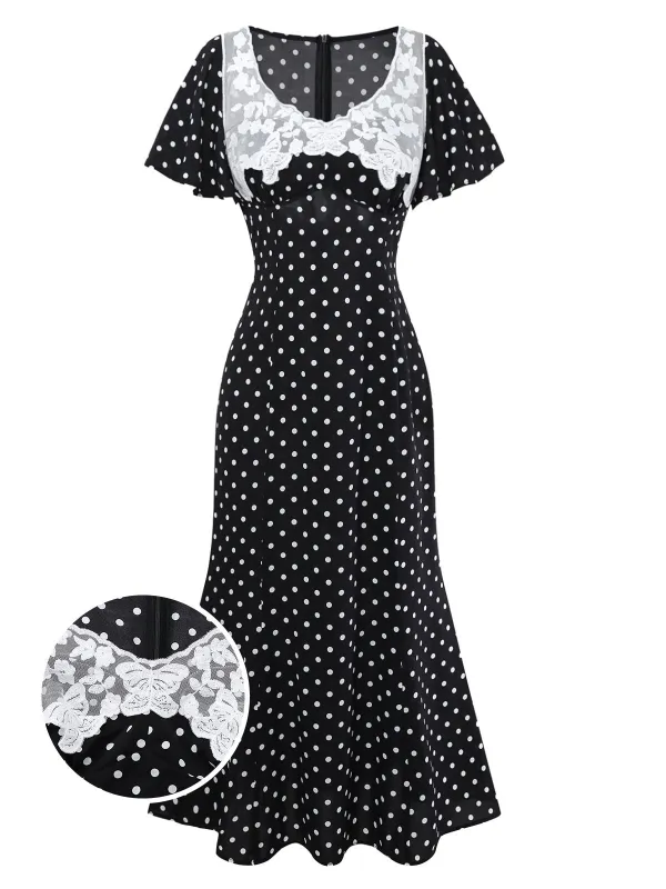 [Pre-Sale] Black 1930s Lace Trim Polka Dot Dress sold by Retro Stage