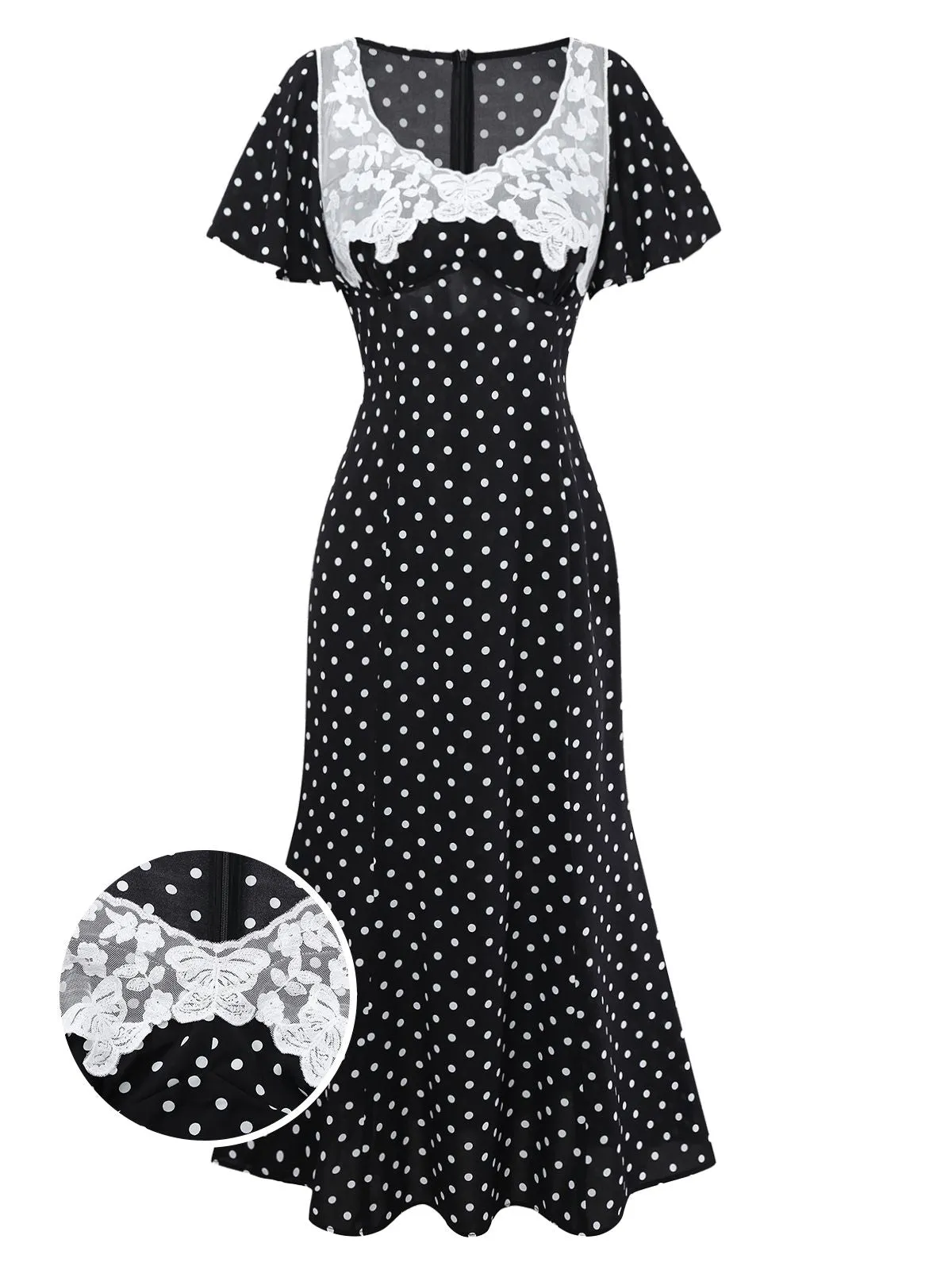 Black 1930s Lace Trim Polka Dot Dress sold by Retro Stage