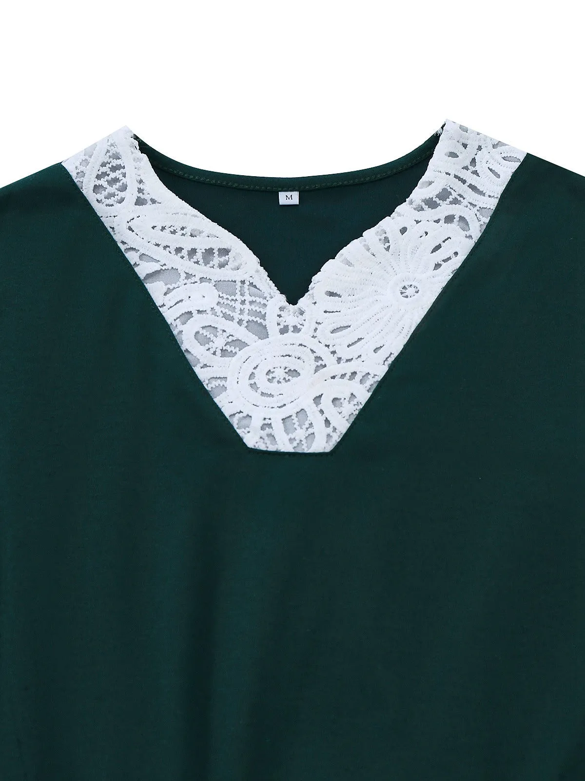 Green 1930s Plaid Lace Patchwork V-Neck Dress sold by Retro Stage product image thumbnail 4