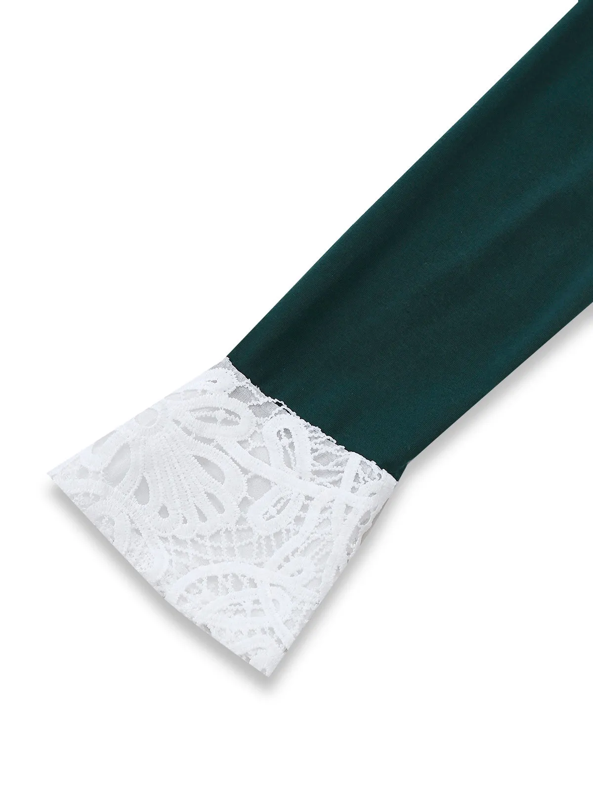 Green 1930s Plaid Lace Patchwork V-Neck Dress sold by Retro Stage product image thumbnail 5