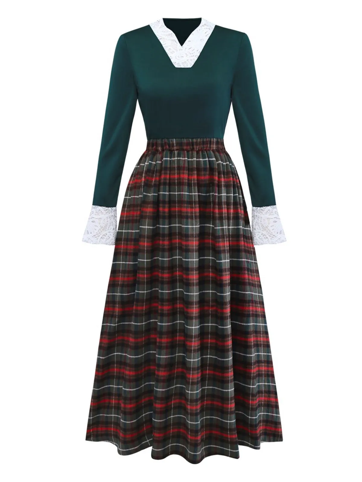 Green 1930s Plaid Lace Patchwork V-Neck Dress sold by Retro Stage product image thumbnail 2