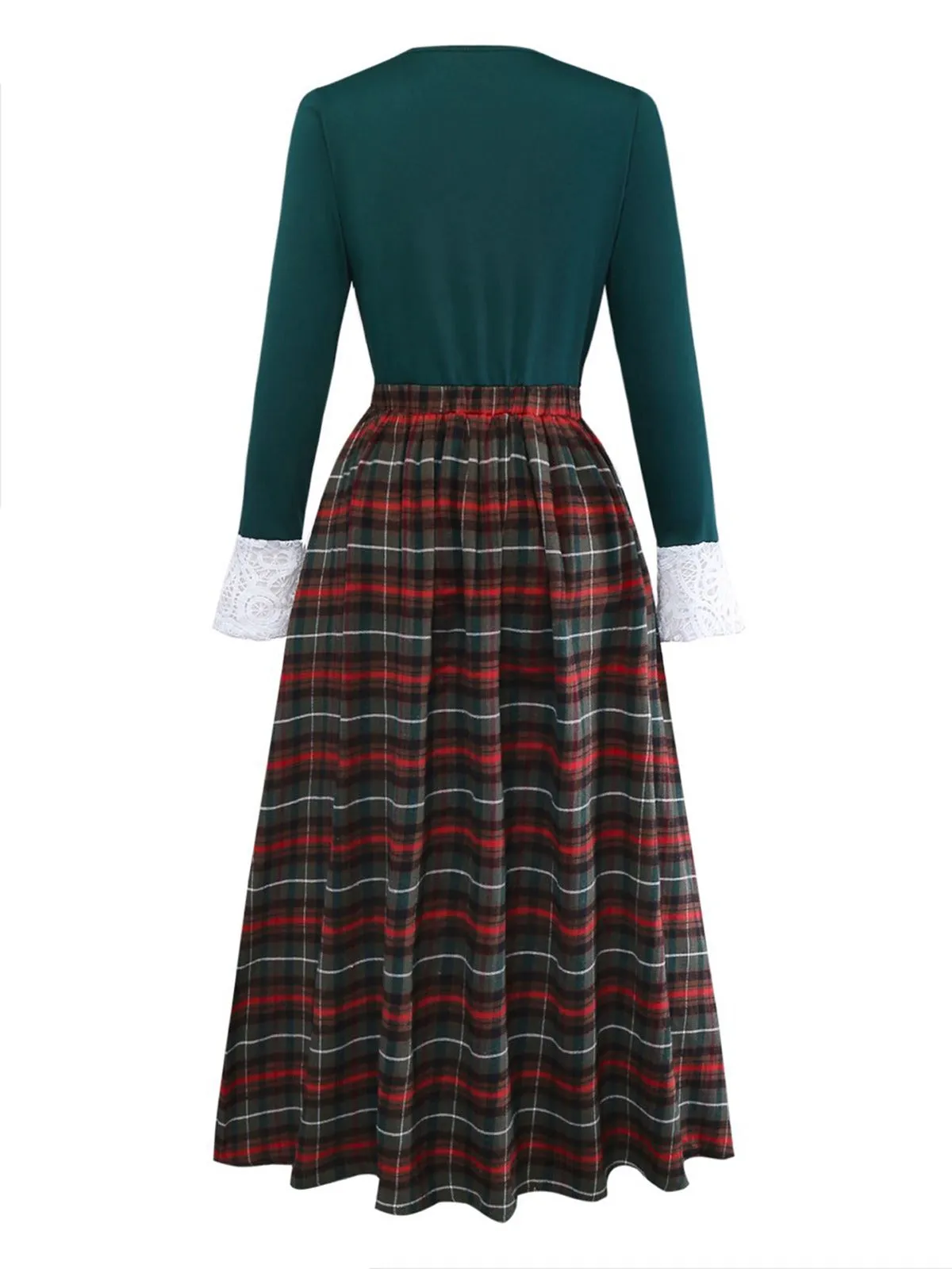 Green 1930s Plaid Lace Patchwork V-Neck Dress sold by Retro Stage product image thumbnail 3