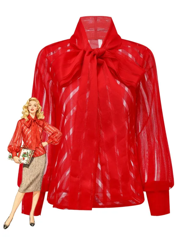 1980s Solid Sheer Mesh Striped Bow Tie Blouse sold by Retro Stage