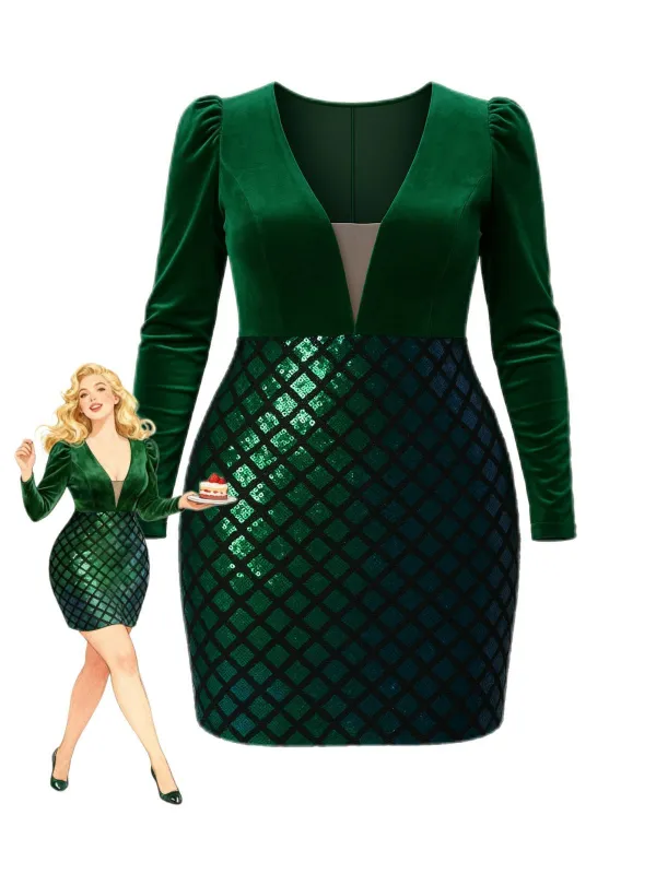 [Plus Size] Green 1960s Seuqins V-Neck Velvet Bodycon Dress sold by Retro Stage