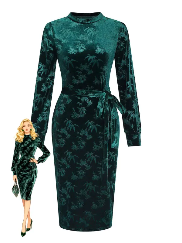 Green 1960s Velvet Plant Pattern Pencil Dress sold by Retro Stage