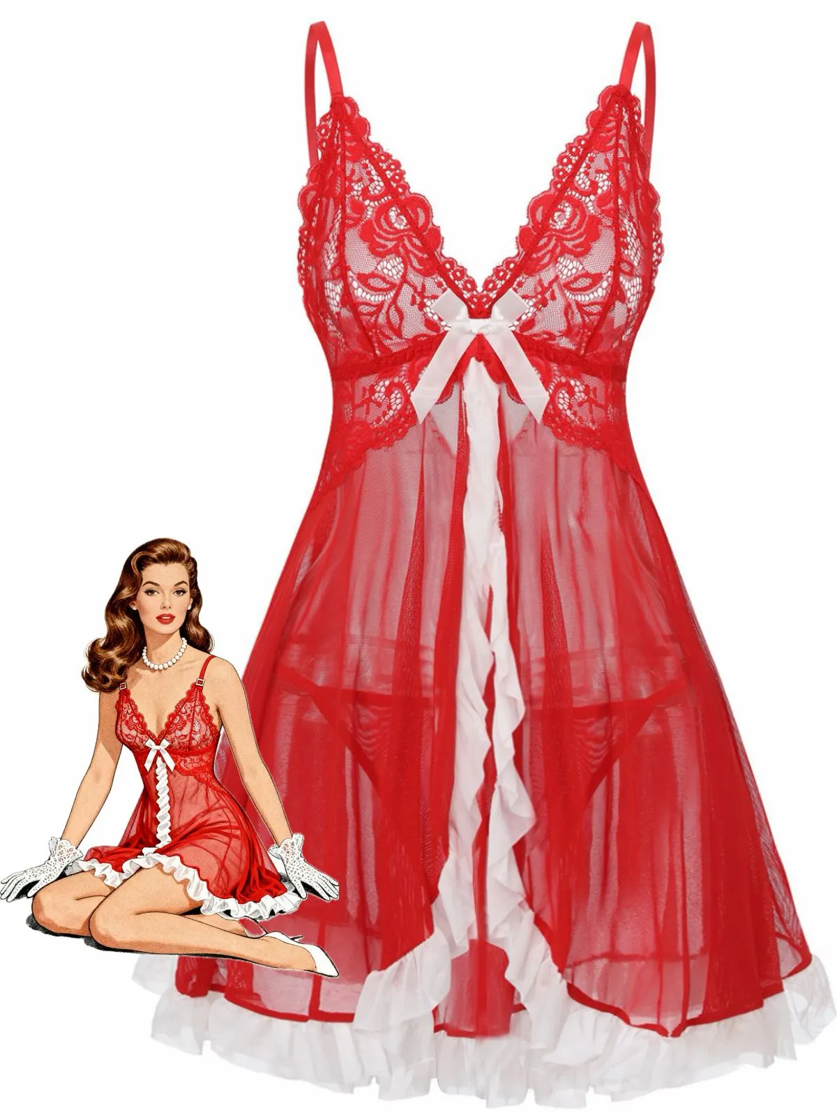Red 1960s Lace Slip Nightgown Set sold by Retro Stage