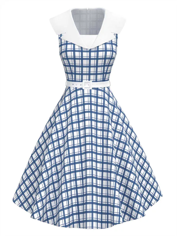 [Pre-Sale] Blue 1950s Sailor Collar Plaid Sleeveless Belted Dress sold by Retro Stage