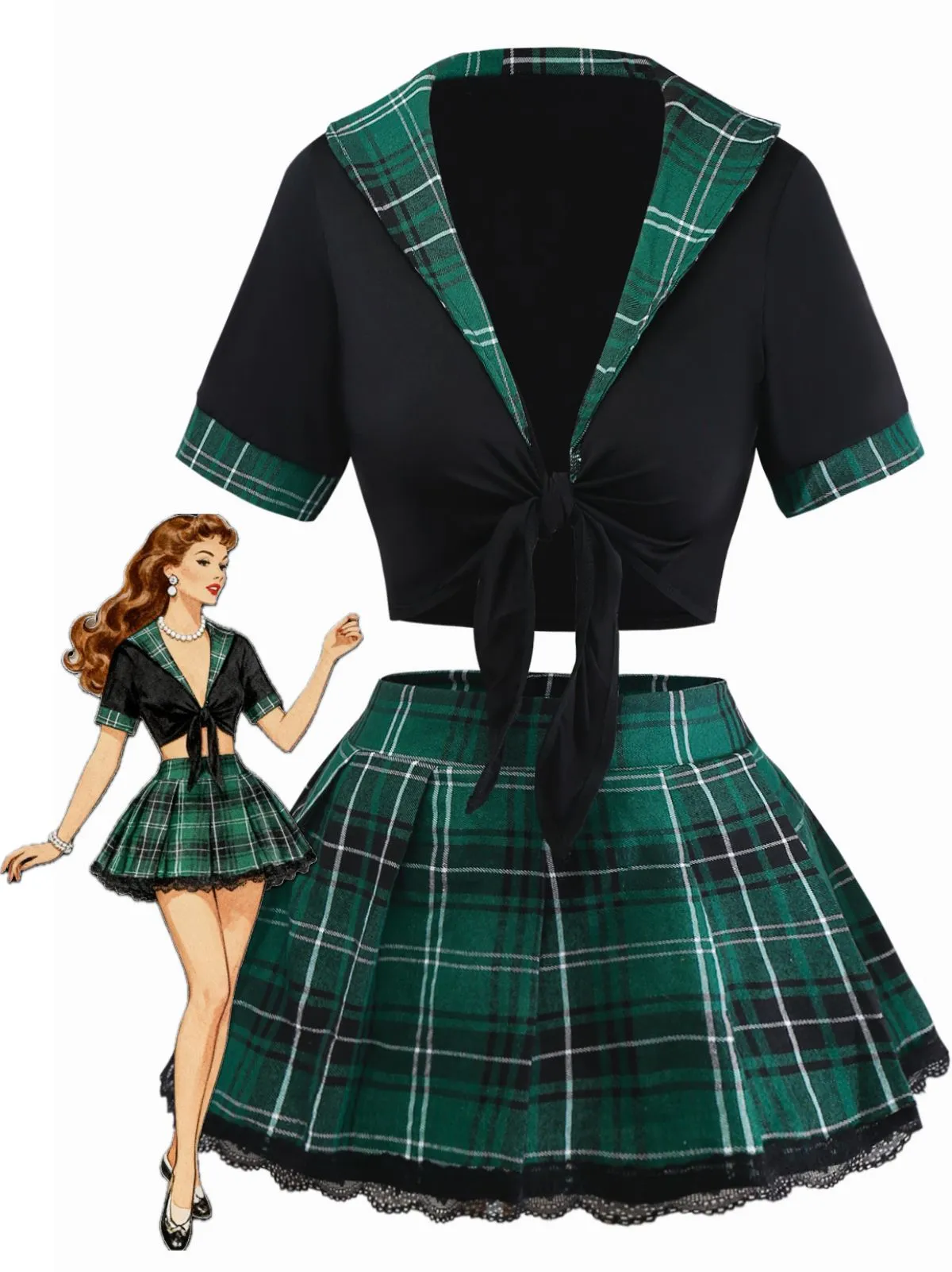 1980s Sexy Lace-Up Plaid Pajama Set sold by Retro Stage