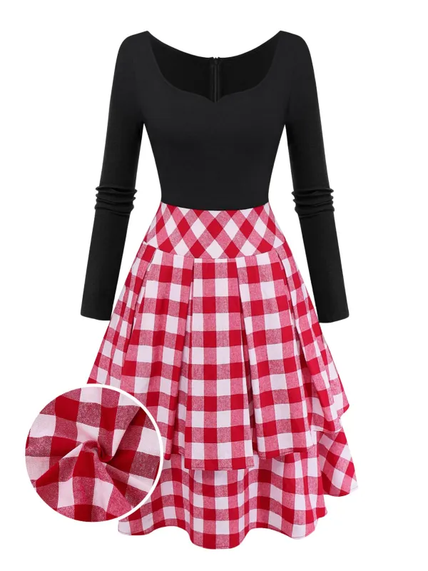 [Pre-Sale] Red 1950s Cotton Sweetheart Neck Knitted Plaid Dress sold by Retro Stage