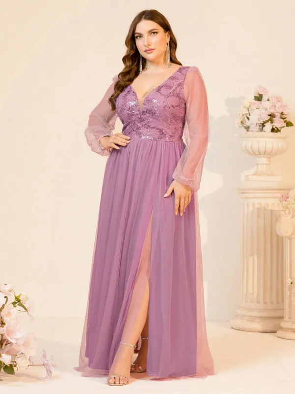 [Plus Size] Lavender 1980s Solid Mesh V-Neck Dress sold by Retro Stage