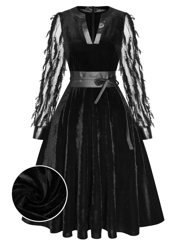 [Pre-Sale] Black 1950s Feather Sheer Sleeve V-Neck Leather Dress sold by Retro Stage