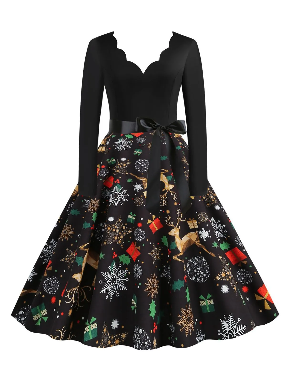 Black 1950s Christmas Print Petal Collar Belted Dress sold by Retro Stage