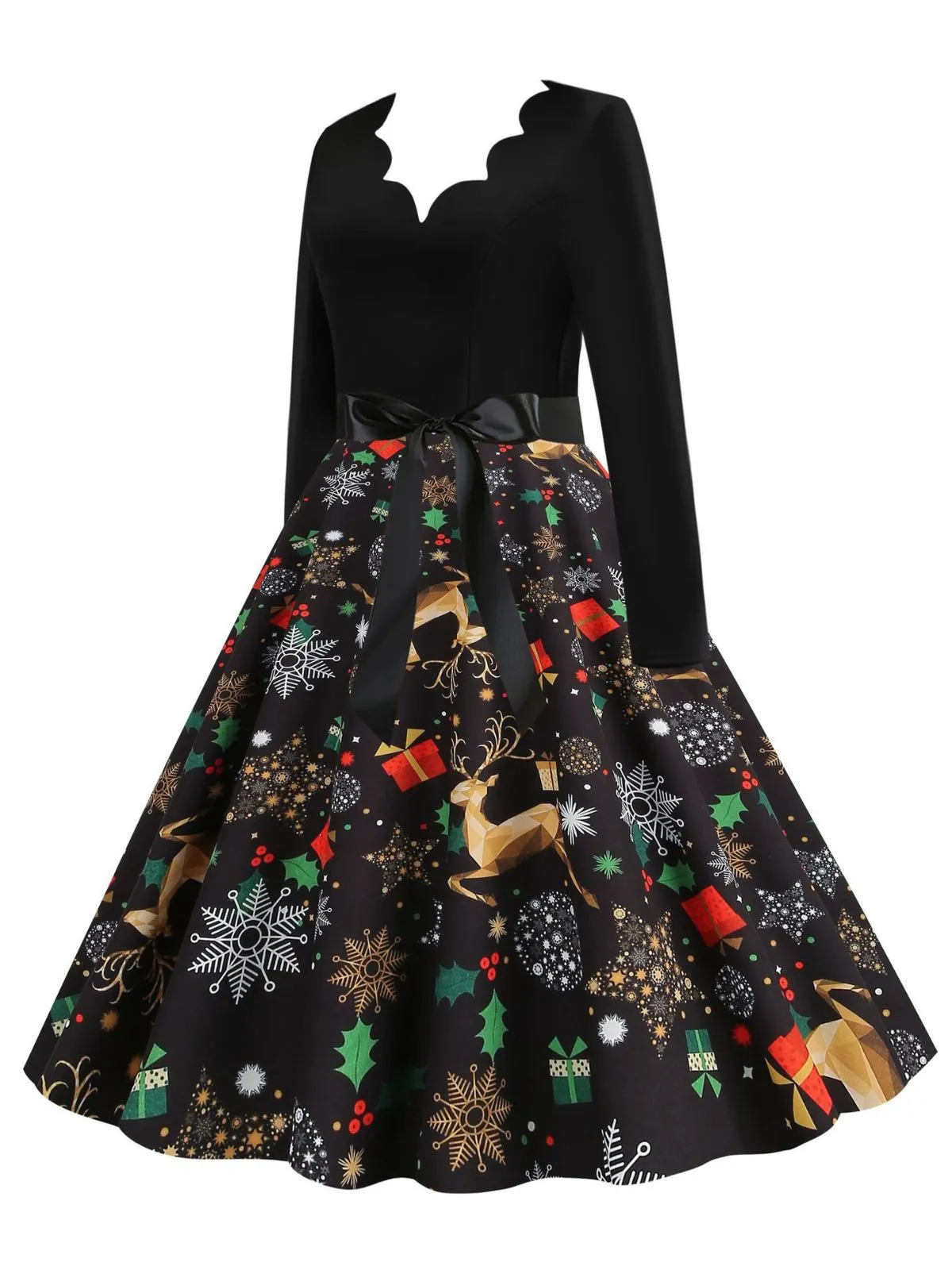 Black 1950s Christmas Print Petal Collar Belted Dress sold by Retro Stage product image thumbnail 2