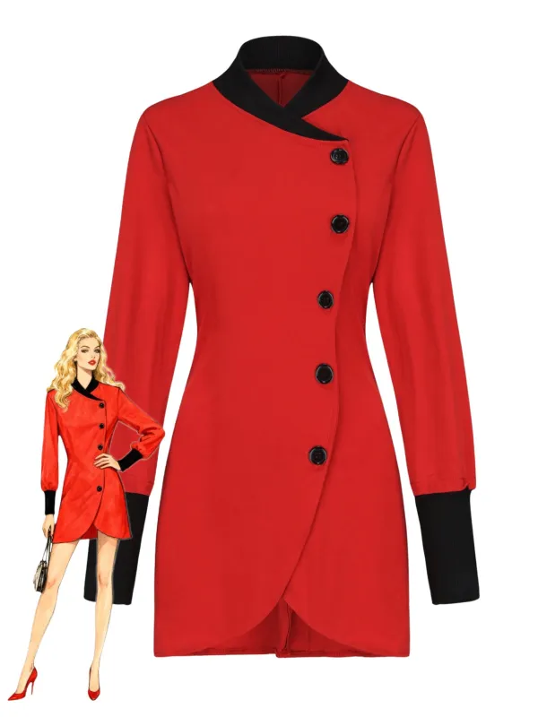 Red 1940s Diagonal Button Stand Collar Coat sold by Retro Stage