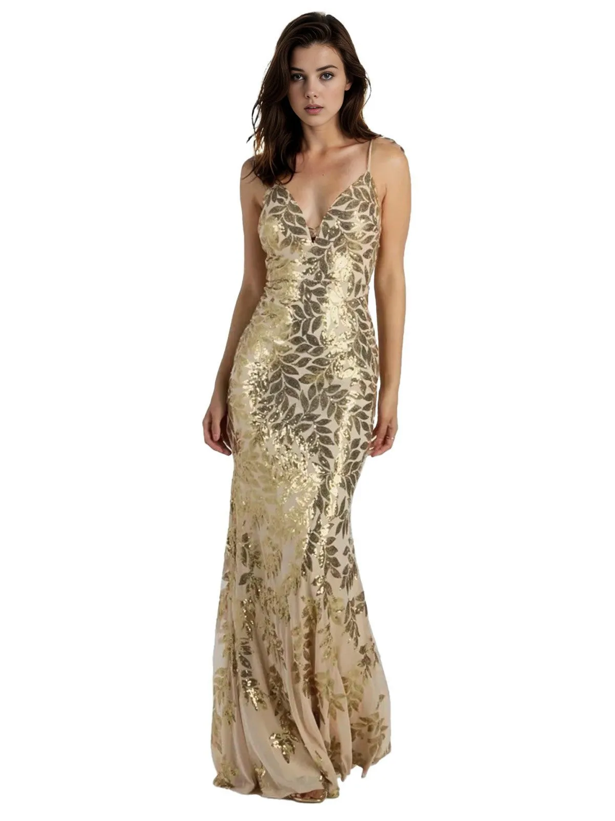 Gold 1920s Leaves Sequined Mesh Fishtail Dress sold by Retro Stage