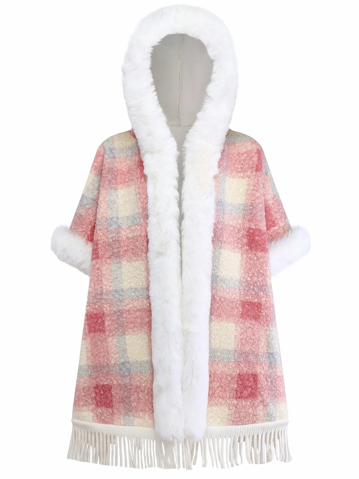 Pink 1930s Plaid Flannelette Fringed Hem Hooded Coat sold by Retro Stage product image thumbnail 2