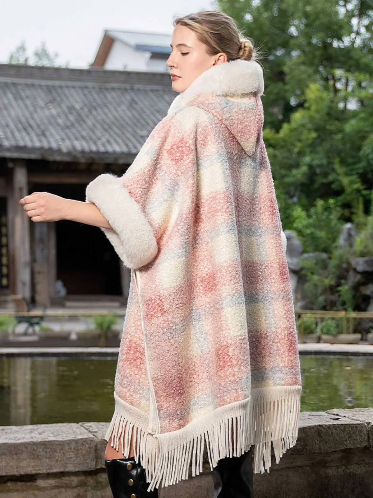 Pink 1930s Plaid Flannelette Fringed Hem Hooded Coat sold by Retro Stage product image thumbnail 4