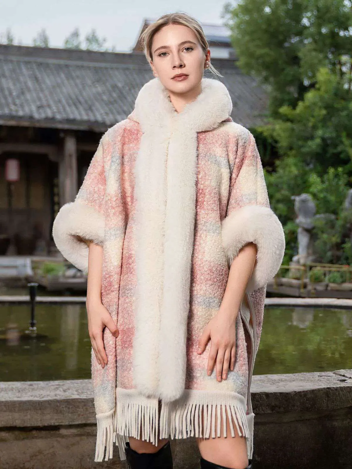 Pink 1930s Plaid Flannelette Fringed Hem Hooded Coat sold by Retro Stage product image thumbnail 3