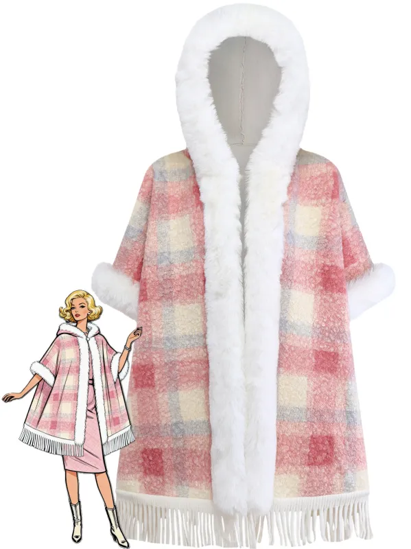 Pink 1930s Plaid Flannelette Fringed Hem Hooded Coat sold by Retro Stage