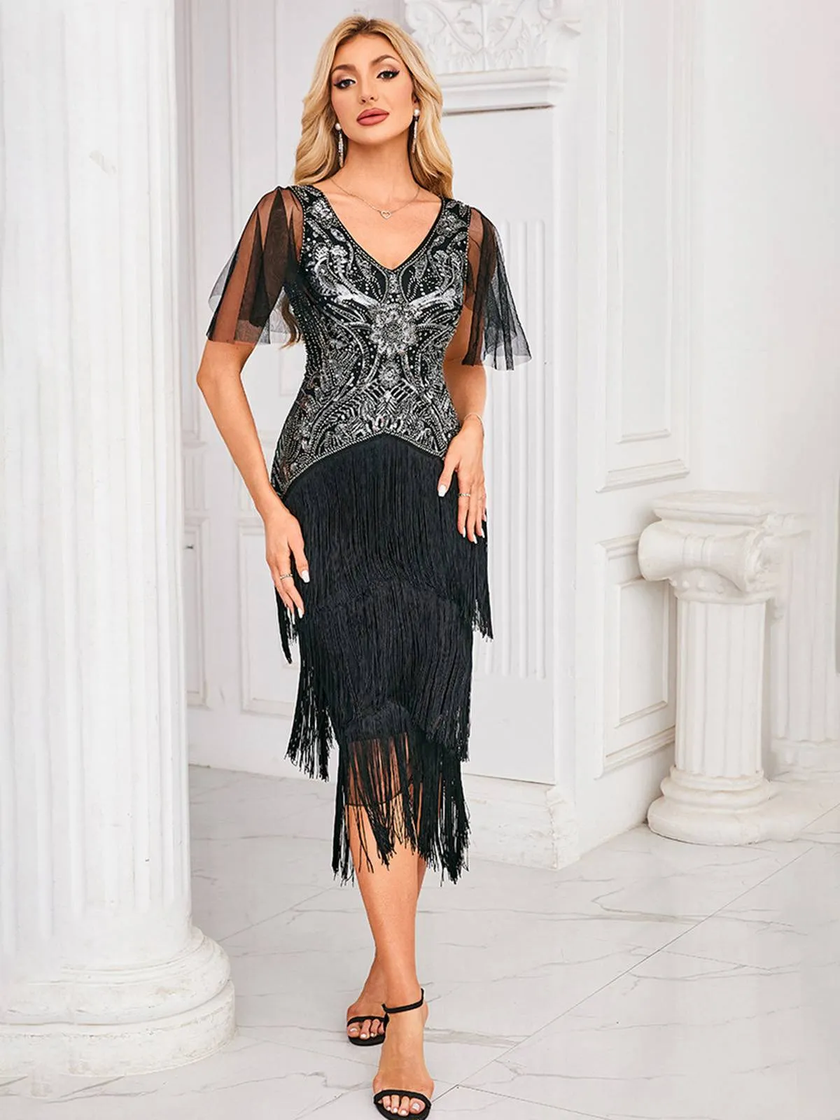 Silver 1920s Sequined Tassel Mesh Patchwork Dress sold by Retro Stage product image thumbnail 3