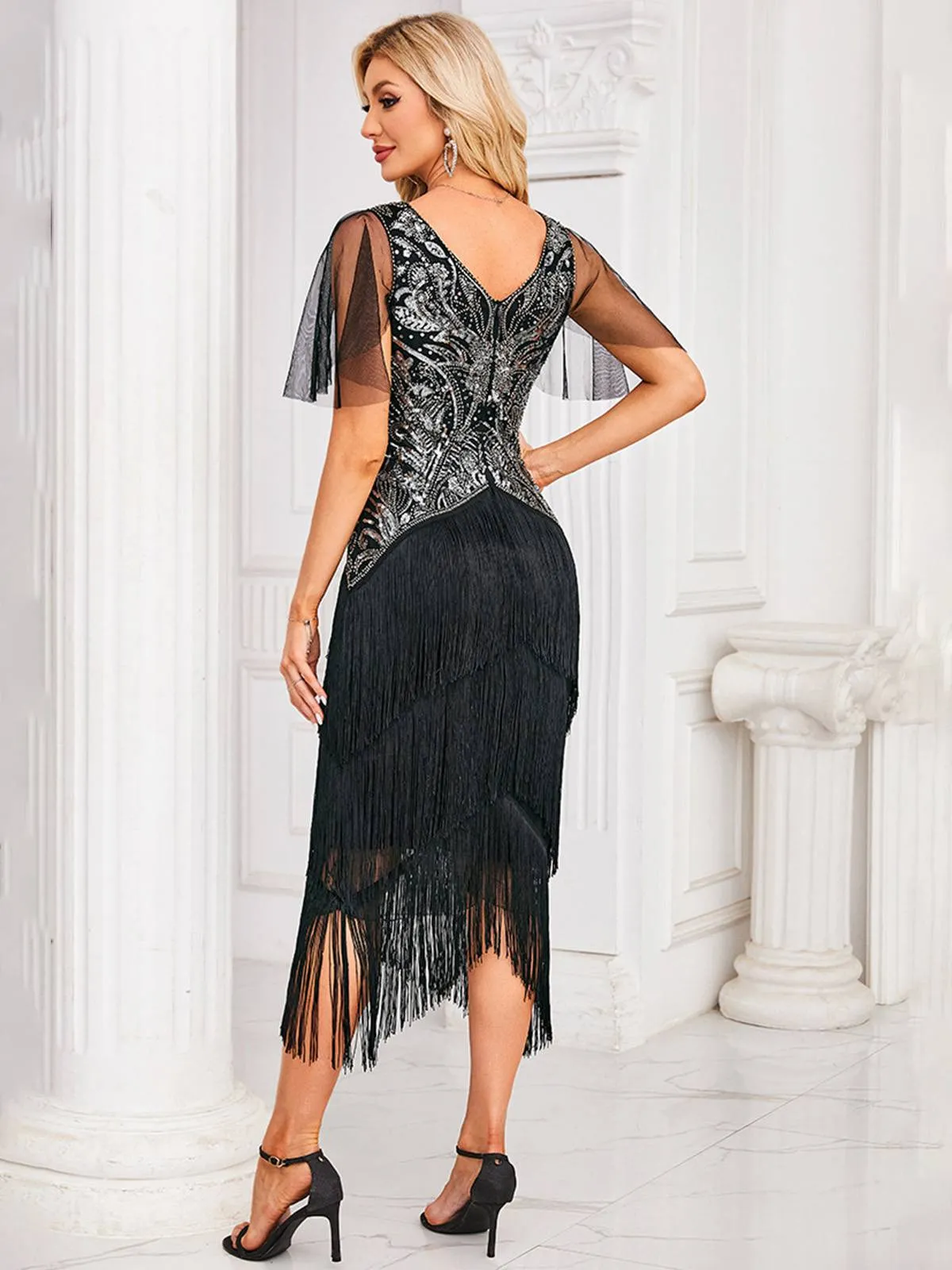 Silver 1920s Sequined Tassel Mesh Patchwork Dress sold by Retro Stage product image thumbnail 2