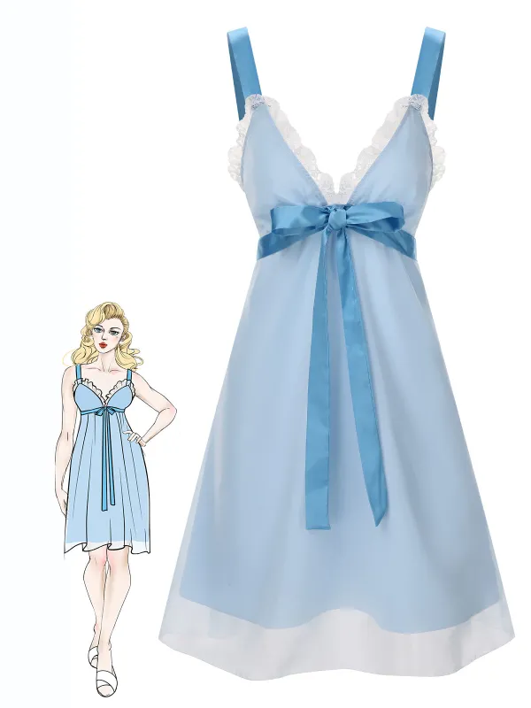 [Pre-Sale] Light Blue 1950s Strap Lace Patchwork Nightgown sold by Retro Stage