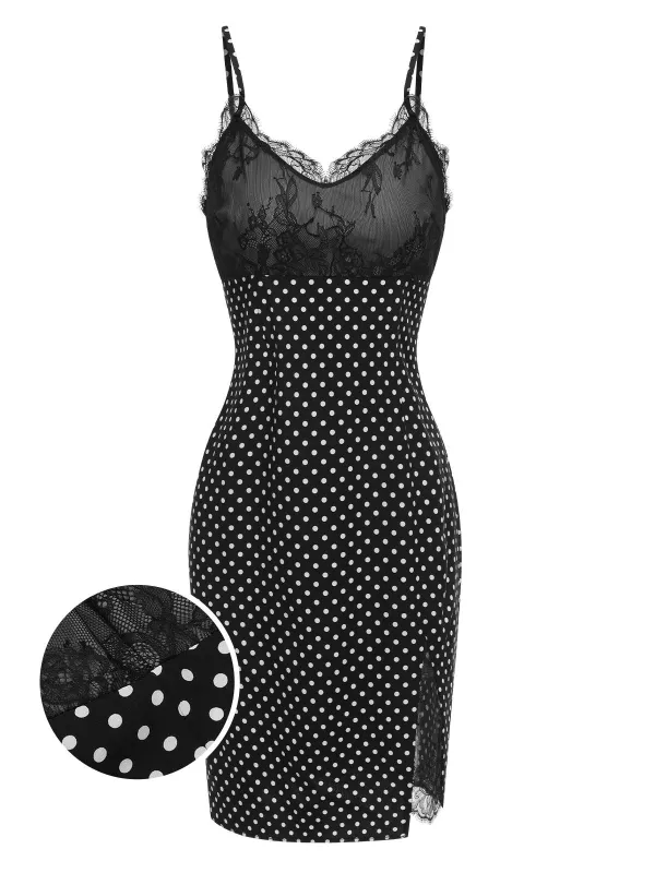 [Pre-Sale] Black 1960s Lace Dots Patchwork Straps Nightdress sold by Retro Stage