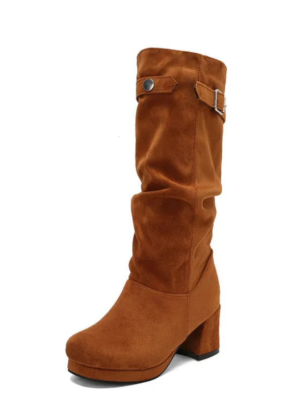 Suede Slouch Block Heel Mid Boots made by Retro Stage
