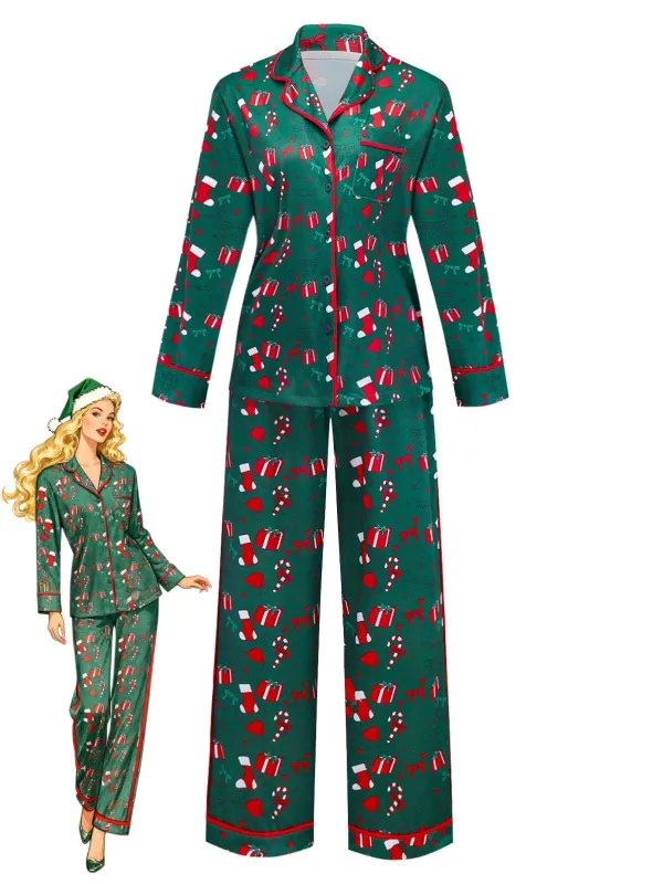 Green 1940s Christmas Print Pajama Set sold by Retro Stage