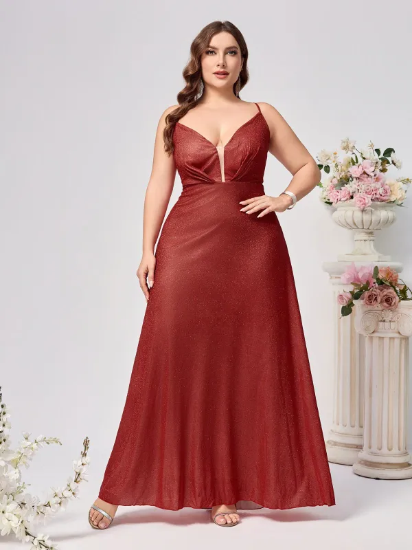 [Plus Size] Burgundy Glitter Spaghetti Strap Backless Maxi Dress sold by Retro Stage