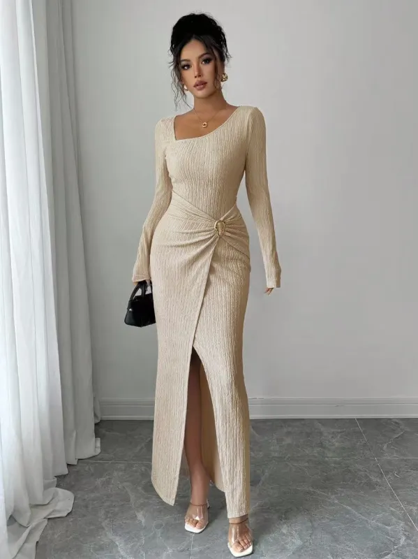 Beige 1930s Ribbed Long Sleeve Split Dress sold by Retro Stage