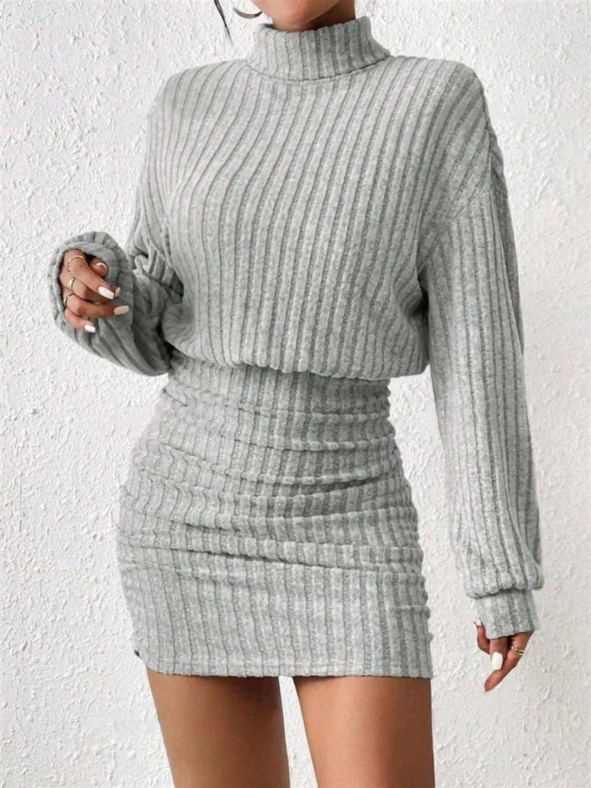 Gray 1960s Ribbed Turtleneck Sweater Bodycon Dress sold by Retro Stage