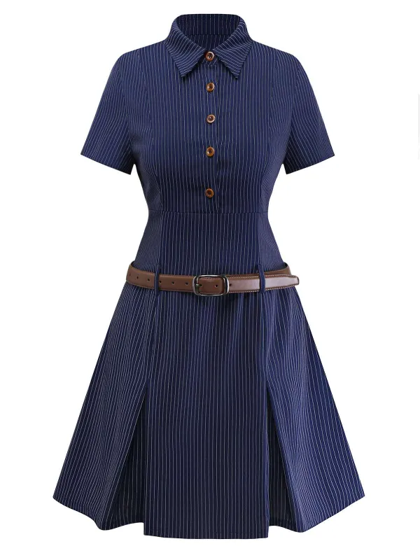 [Pre-Sale] Blue 1970s Pinstripe Pleated Shirt Collar Dress sold by Retro Stage