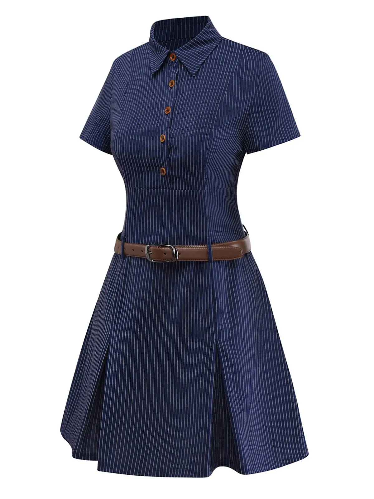 Blue 1970s Pinstripe Pleated Shirt Collar Dress sold by Retro Stage product image thumbnail 4