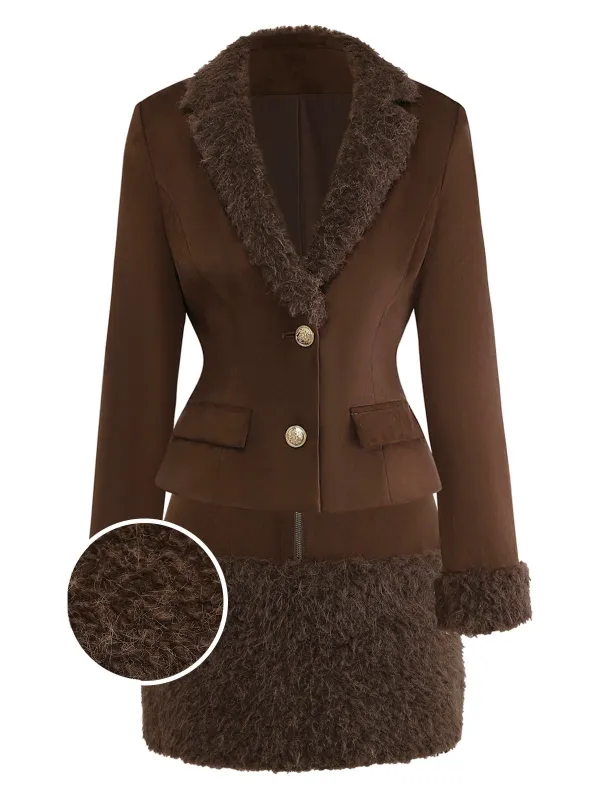 [Pre-Sale] 2PCS Dark Brown 1960s Faux Suede Fur Jacket & Skirt sold by Retro Stage