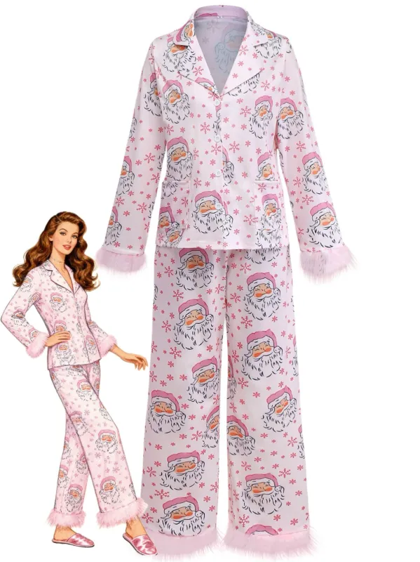 Pink 1950s Santa Print Fur Trim Pajama Set sold by Retro Stage