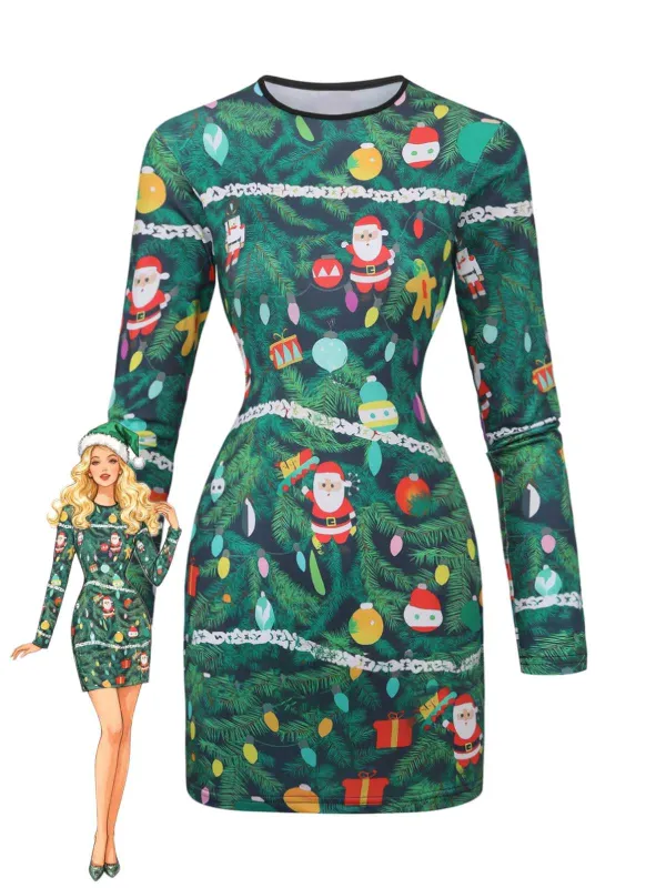 Green 1960s Christmas Pattern Bodycon Dress sold by Retro Stage